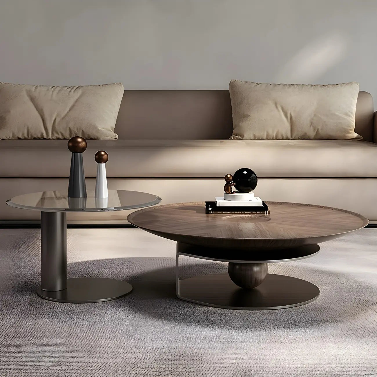 Table basse ronde en bois avec piètement en métal marron