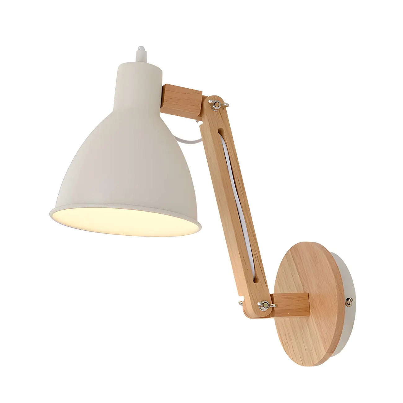 Applique murale à bras articulé en bois avec abat-jour en métal bombé