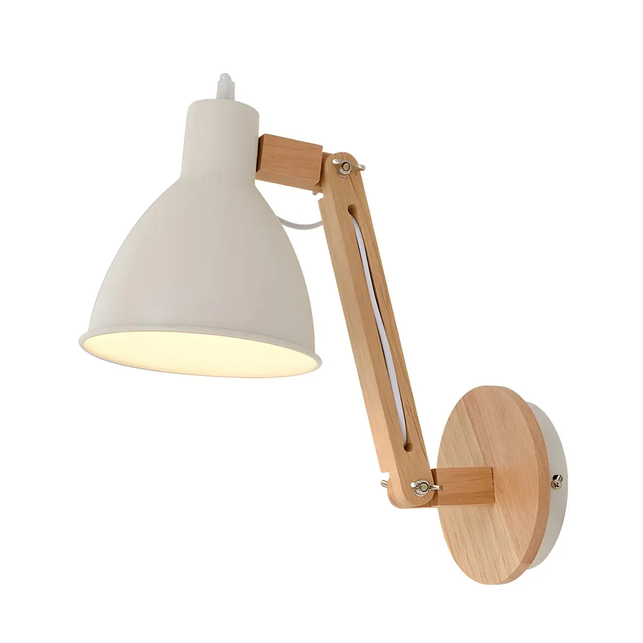Applique murale à bras articulé en bois avec abat-jour en métal bombé