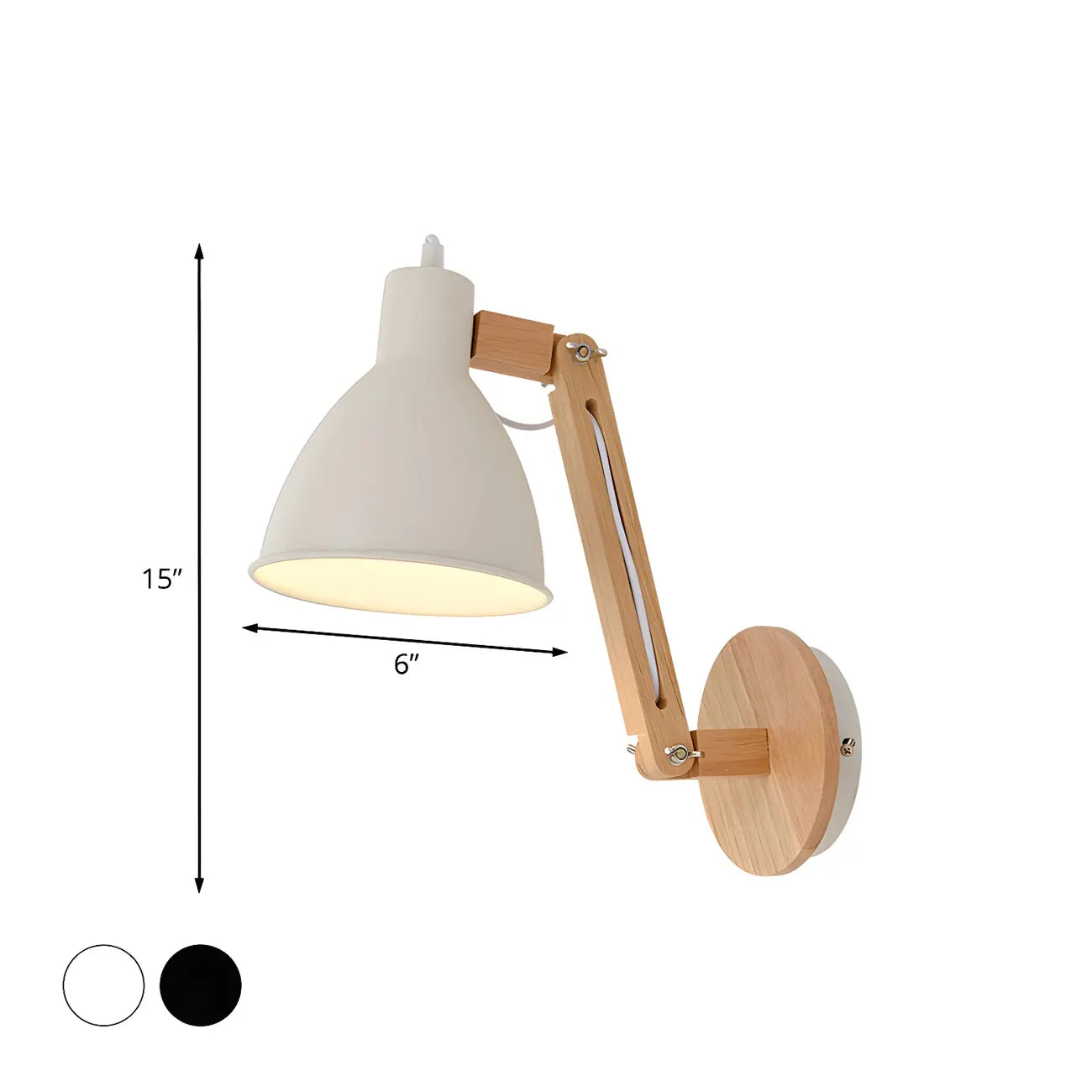 Applique murale à bras articulé en bois avec abat-jour en métal bombé