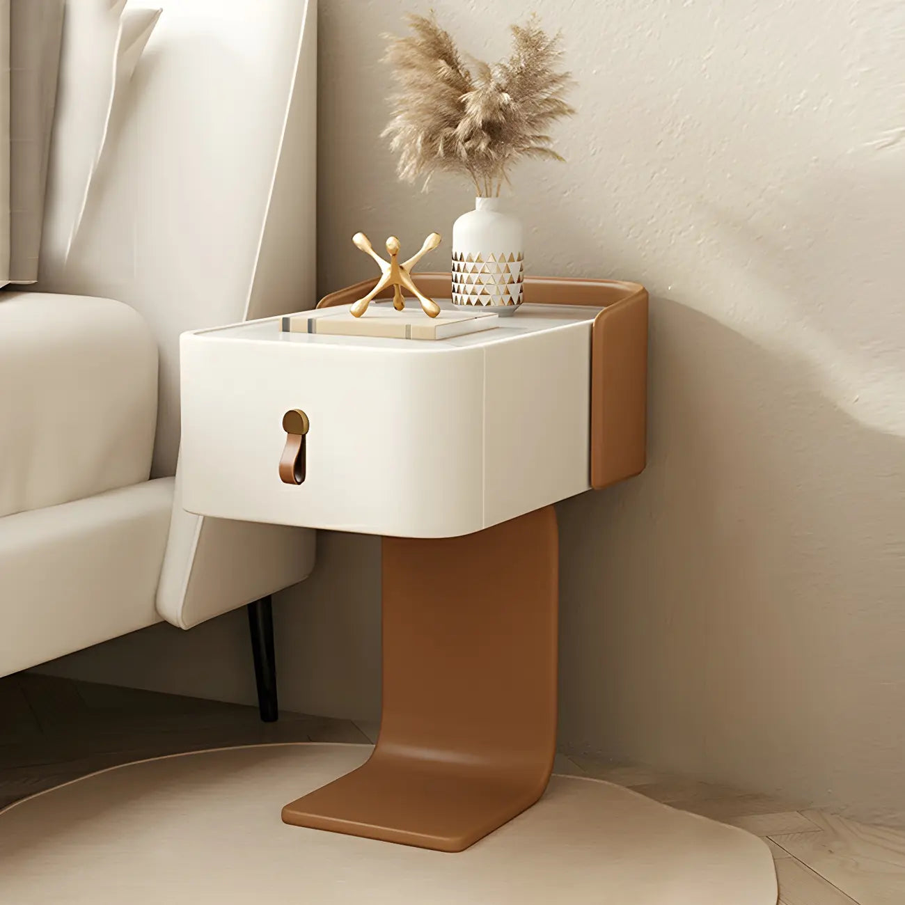 Table de chevet en bois avec plateau en pierre kaki et tiroir