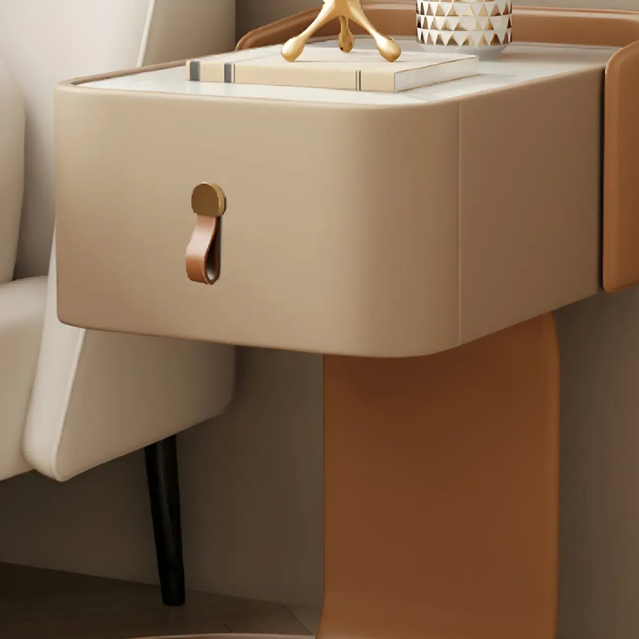 Table de chevet en bois avec plateau en pierre kaki et tiroir