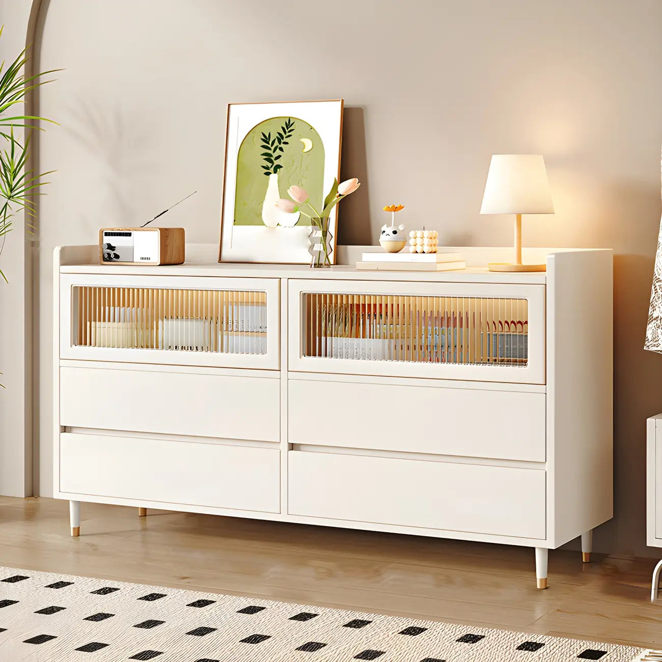 Élégante commode double en bois blanc avec placards et tiroirs