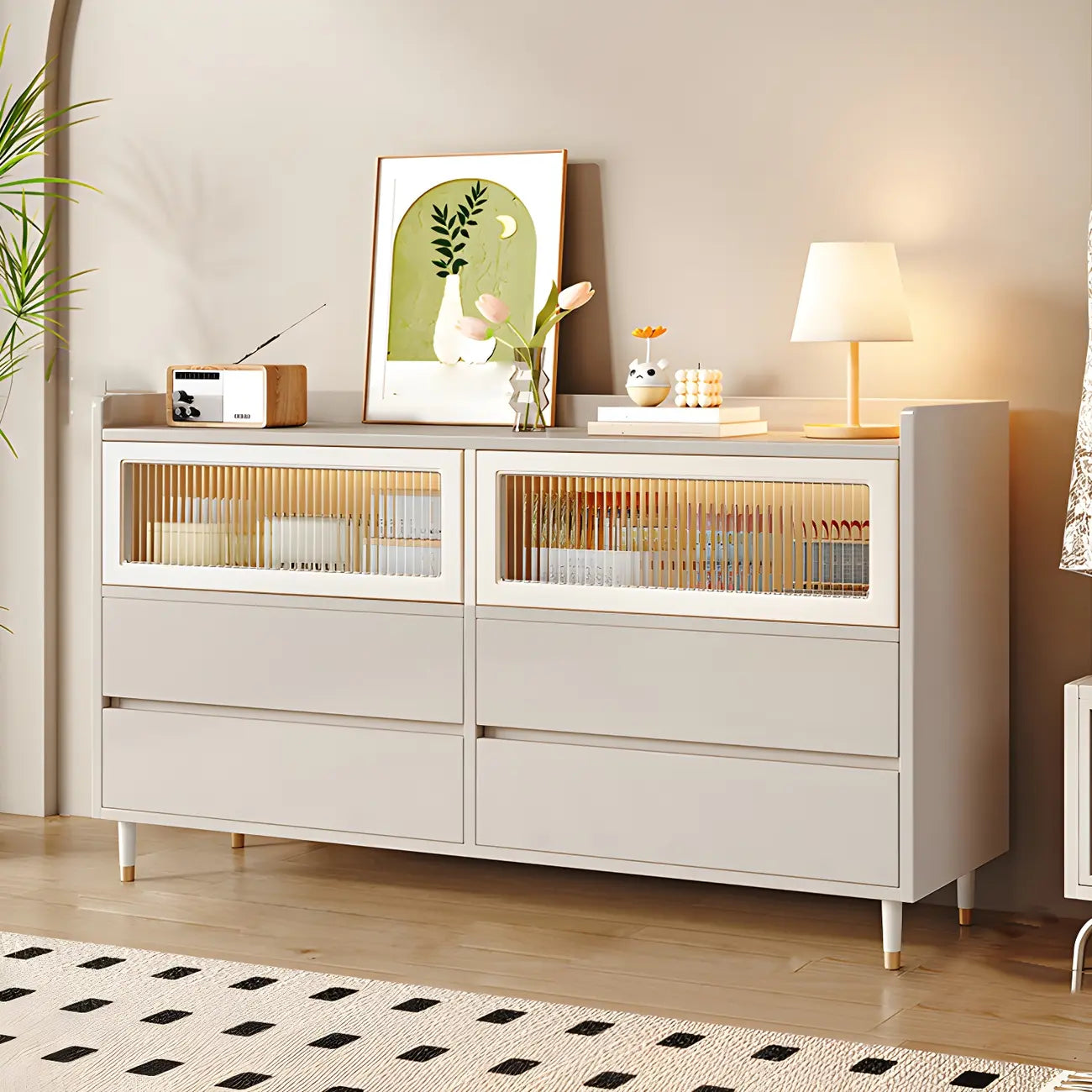 Élégante commode double en bois blanc avec placards et tiroirs