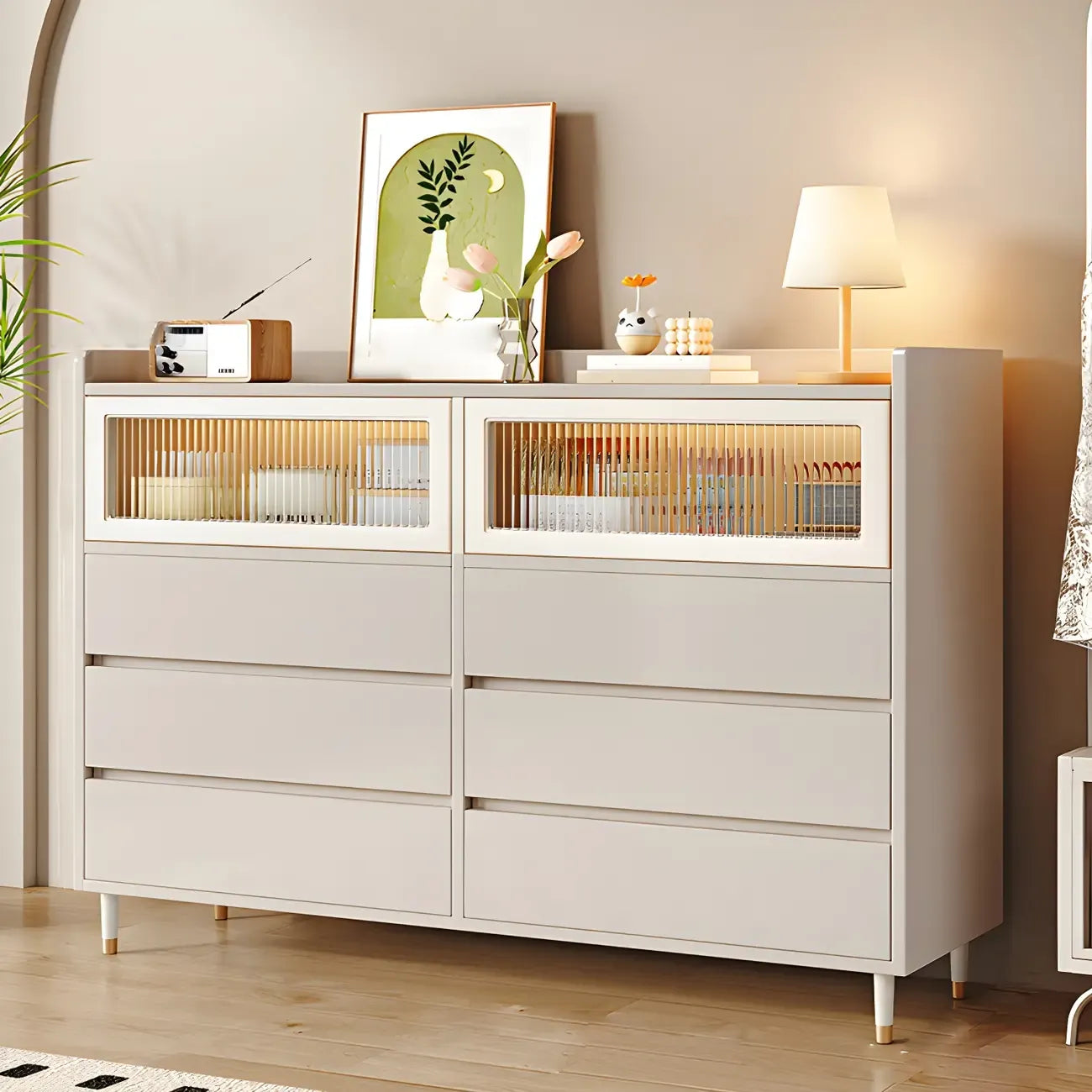 Élégante commode double en bois blanc avec placards et tiroirs