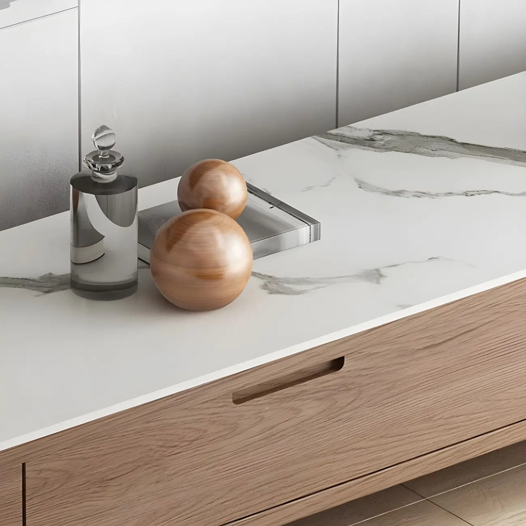 Meuble TV avec tiroirs et plateau en pierre marron de 71 pouces, avec gestion des câbles